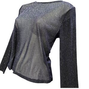 Express Y2K Mesh Top XS Navy Blue Metallic Shimmer Sheer Long Sleeve Sparkle